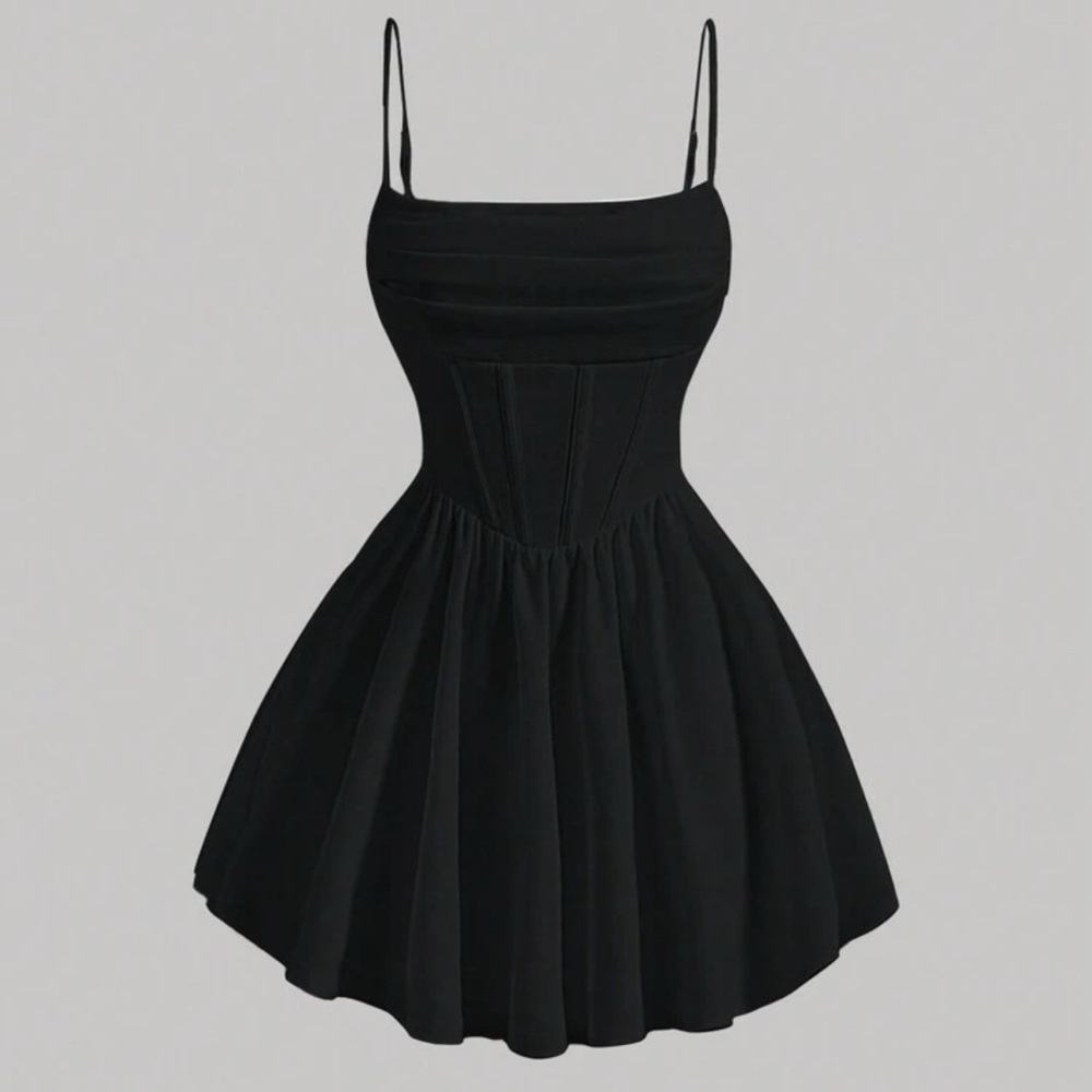 Black Pleated Waist Spaghetti Strap Dress